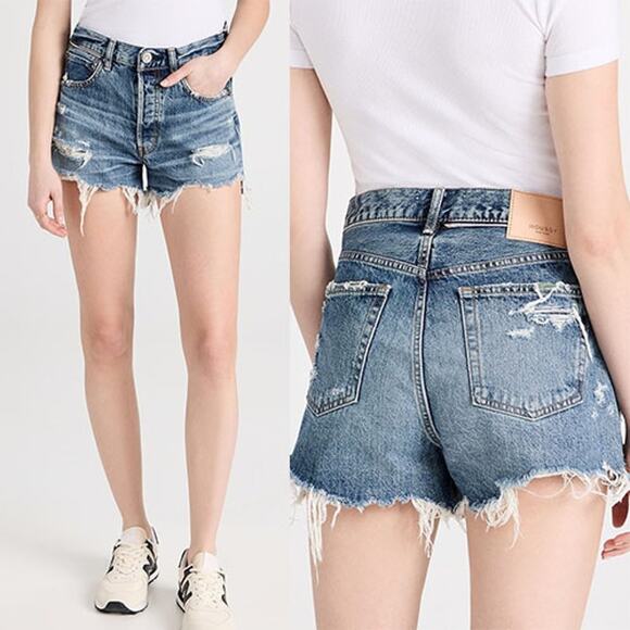 NEW Moussy Vintage Distressed Frayed Hem Whisker Faded Walworth Shorts Blue